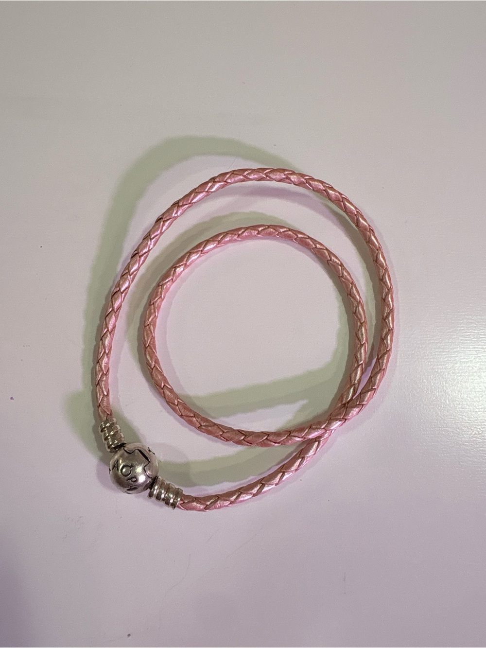 Pandora Metallic Pink Braided Double Wrap Bracelet with Silver Clasp